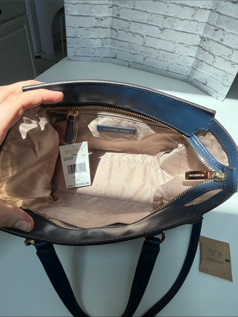 Michael Kors Navy Blue Pebbled Leather Satchel with Gold Hardware